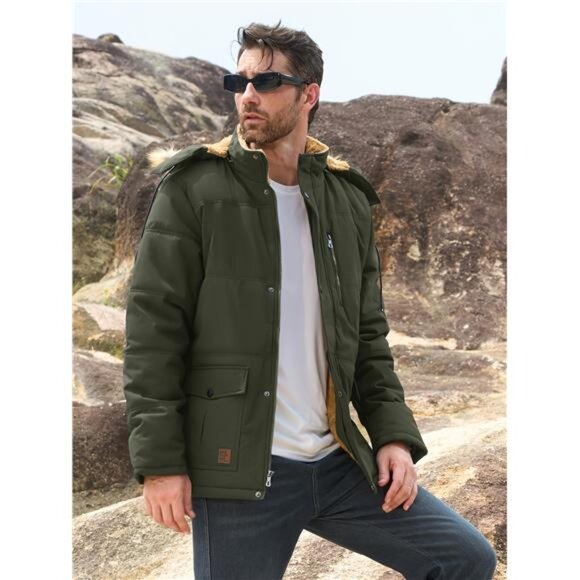 NEW Olive Green Fleece Lined Parka Jacket Faux Fur Hood Winter Coat - Picture 2 of 8